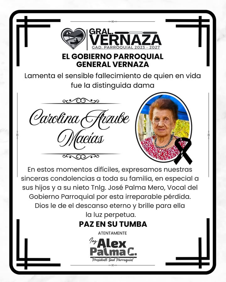 Luto en General Vernaza: Fallece Carolina Arzube, abuela del vocal Palma Mero