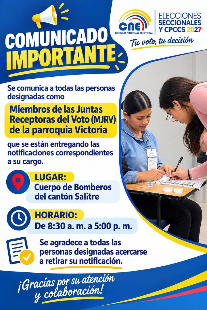 Juntas Receptoras del Voto de La Victoria y General Vernaza reciben comunicados oficiales