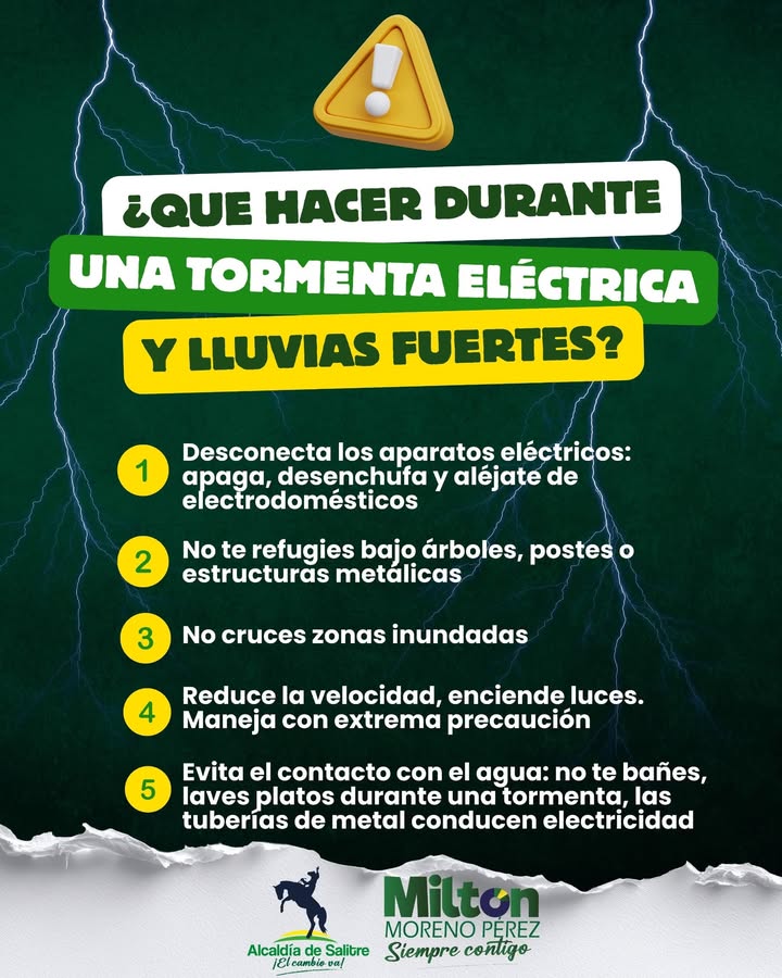 Alcaldía de Salitre recomienda medidas ante tormentas eléctricas y lluvias fuertes