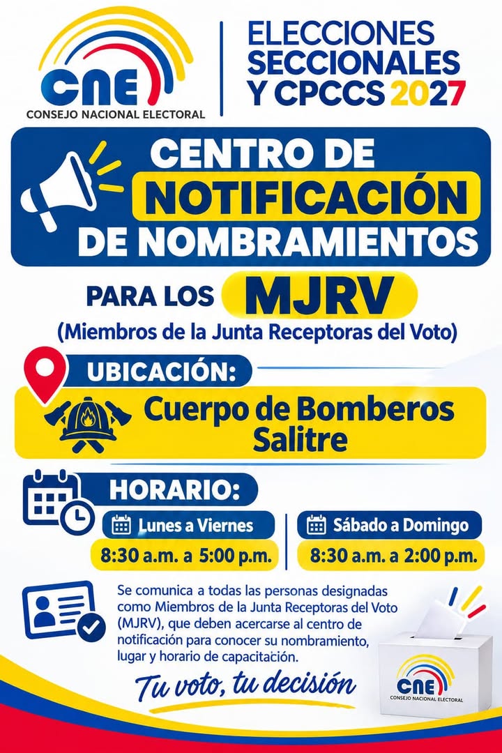 Salitre: Convocatoria para miembros de Juntas Receptoras del Voto en el 2026