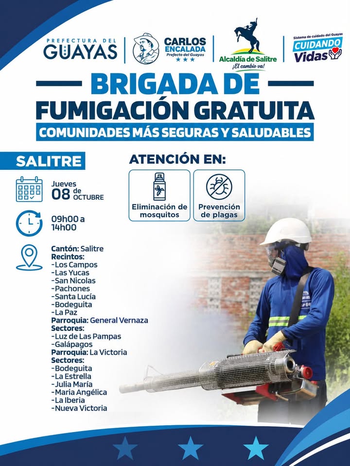 Jornada de fumigación gratuita llega a Salitre, General Vernaza y La Victoria este jueves